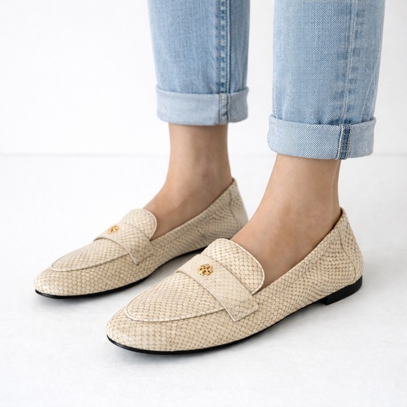 Tory Burch Shoes - Tory Burch Ballet Loafer Flats Shoes Snakeskin Leather Gold Logo Beige Size 5.5